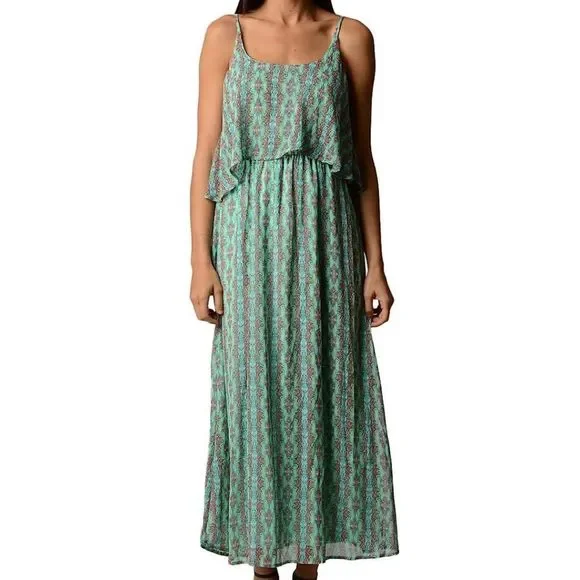 Christine V Printed Mint Green Chiffon Flowy Maxi Dress Tribal Pattern Size M - Picture 11 of 11